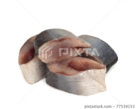 Lightly salted Norwegian herring, isolated on white background. 77539153