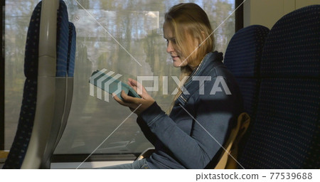 Woman with Tablet PC on Train 77539688