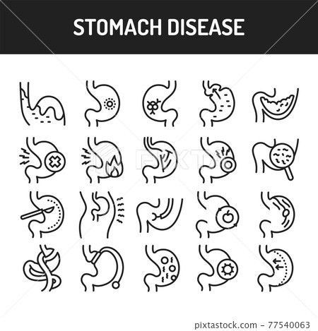 Stomach diseases line icons set. Isolated vector element. Stomach diseases line icons set. Isolated vector element. 77540063