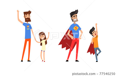 Super Dad and His Child Spending Time Together Playing Superhero and Waving Hand Vector Set Super Dad and His Child Spending Time Together Playing Superhero and Waving Hand Vector Set 77540250
