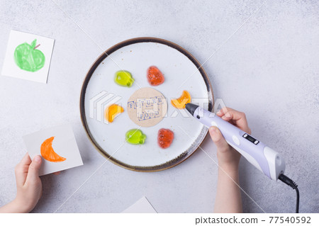 3D printing food concept. 3d pen fruits. Modern additive technologies 4.0 industrial revolution 3D printing food concept. 3d pen fruits. Modern additive technologies 4.0 industrial revolution 77540592