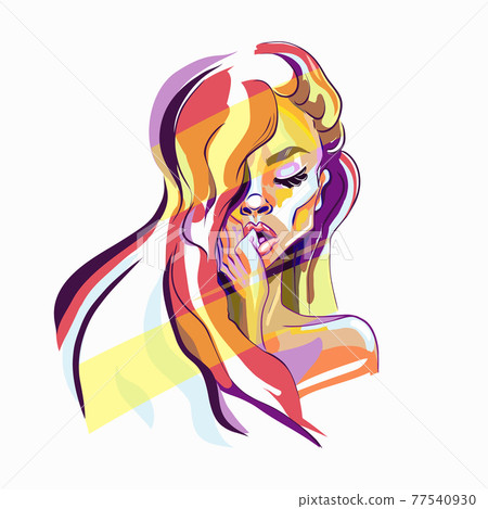 Hand-drawn young beautiful girl with nude makeup and unusual red hair. Fashion illustration of a stylish look. 77540930