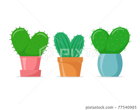 Heart-shaped cactuses set in a flat style. Cute home cacti in colorful pots. House succulents. Vector illustration 77540985
