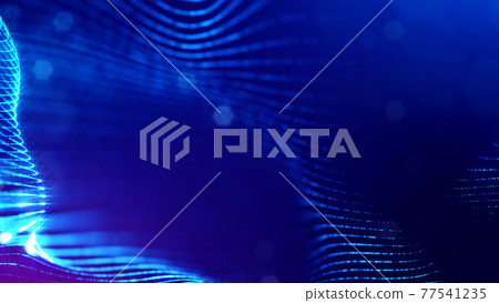 3d rendering background of microworld or sci-fi theme with glowing particles form curved lines, 3d surfaces, grid structures with depth of field, bokeh. Deep blue wave forms 77541235