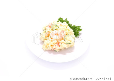 Potato salad with boiled shrimp bright background 77541651