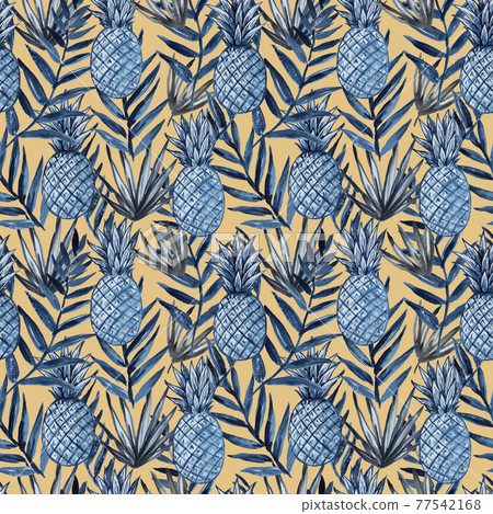 Watercolor seamless pattern with pineapples and tropical leaves. Watercolor seamless pattern with pineapples and tropical leaves. 77542168