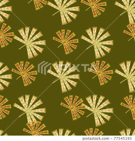 Autumn season nature seamless patern with tropic folk licuala palm ornament on green background. 77545193