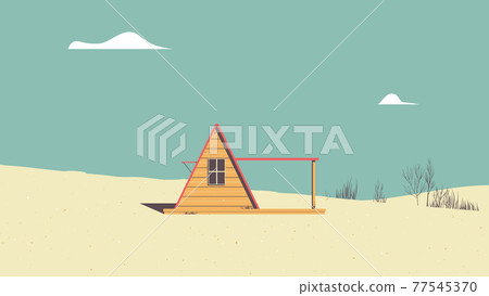 Landscape architecture, small yellow cabin on the hill with deaf trees in background, vintage style 77545370