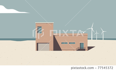Landscape architecture, brown building on the beach with windmills in background, vintage style Landscape architecture, brown building on the beach with windmills in background, vintage style 77545372