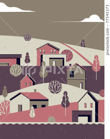 Landscape architecture, small village with mountains and river, vintage style Landscape architecture, small village with mountains and river, vintage style 77545373