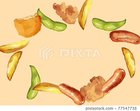 可樂餅、毛豆、香腸、炸雞和炸薯條小吃 橢圓形框架象牙 77547738