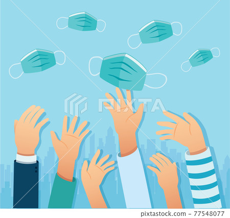 vaccinated. takes off medical protective mask. End of coronavirus epidemic concept 77548077