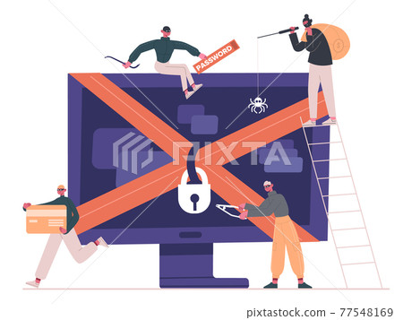 Cyber criminals and hackers. Internet criminals, crackers and robbers attacking computer isolated vector illustration. Hacker internet activity concept Cyber criminals and hackers. Internet criminals, crackers and robbers attacking computer isolated vector illustration. Hacker internet activity concept 77548169