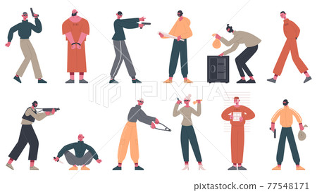 Criminal characters. Thieves, crooks and robbers commit crime, arrested prisoners in uniform vector illustration set. Prisoners and criminals 77548171