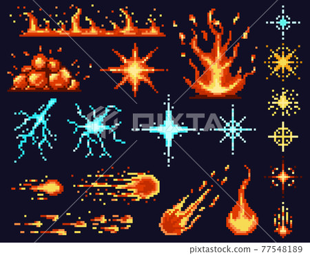 Pixel game light effects. Bright flash, light flares, sparkler, energy sparks and fire light symbols vector illustration set. Games ui light effects 77548189