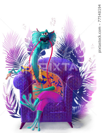 cartoon dragon character on armchair with leaves 77548194
