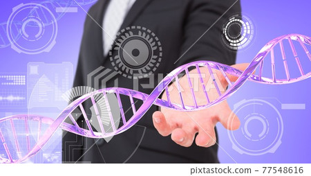 Dna structure and round scanners over mid section of business man with cupped hand Dna structure and round scanners over mid section of business man with cupped hand 77548616