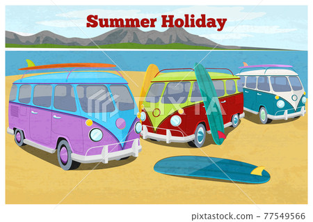 Summer travel design with surfing camper van - Stock Illustration ...