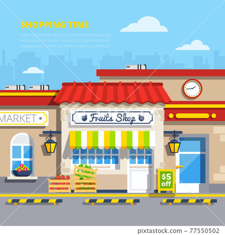 Street Shops Flat Design Concept - Stock Illustration [77550502] - PIXTA