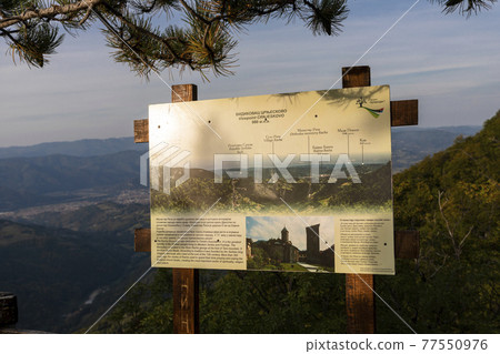 TARA Mountain, Serbia - September 16, 2020: Viewpoint named Crnjeskovo, tourist board in national park Tara, in Serbia, Europe TARA Mountain, Serbia - September 16, 2020: Viewpoint named Crnjeskovo, tourist board in national park Tara, in Serbia, Europe 77550976