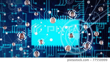 Composition of network of people's photographs over computer processor circuit board 77550999