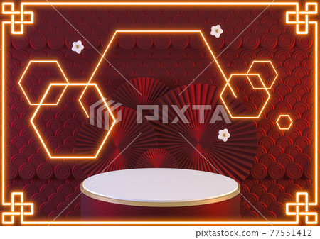 Red podium and neon light show cosmetic product geometric .3D rendering 77551412