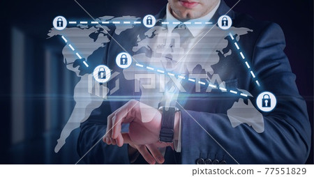 Composition of network of connections with online security padlocks, businessman using smartwatch Composition of network of connections with online security padlocks, businessman using smartwatch 77551829