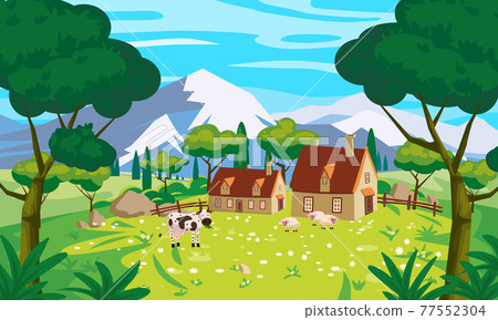 Rural Landscape farm scenery view, mountaines, green meadow, flowers, trees. Countryside nature, cow, sheeps, buildings. Vector illustration Rural Landscape farm scenery view, mountaines, green meadow, flowers, trees. Countryside nature, cow, sheeps, buildings. Vector illustration 77552304