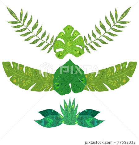 Set of spacers with tropical leaves with folk pattern. Vector natural design element. Vector hand drawn flat foliage text delimiters with decoration Set of spacers with tropical leaves with folk pattern. Vector natural design element. Vector hand drawn flat foliage text delimiters with decoration 77552332