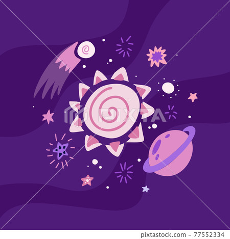 Childrens illustration of a meteorite, sun, saturn, stars and curls on violet background. Cosmic luminaries. Galaxy. Childrens illustration of a meteorite, sun, saturn, stars and curls on violet background. Cosmic luminaries. Galaxy. 77552334