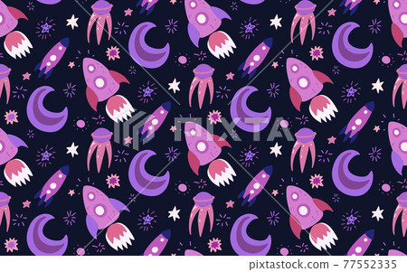Seamless childish cosmos pattern with stars, moon, shuttle and satellite on dark violet background. Vector cartoon texture of the universe with dots. 77552335