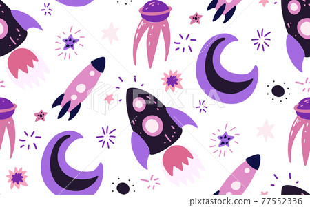 Seamless childish cosmos pattern with stars, moon, shuttle and satellite on white background. Vector cartoon texture of the universe with dots. Seamless childish cosmos pattern with stars, moon, shuttle and satellite on white background. Vector cartoon texture of the universe with dots. 77552336