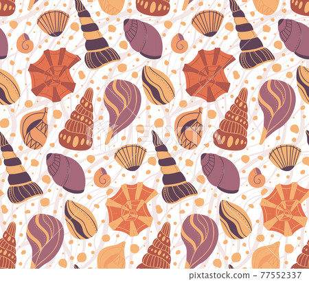 Seamless pattern with cartoon seashells with sand and doodle ornament in beige tone. Flat texture with ocean inhabitants with boho ornaments. Vector wallpaper Seamless pattern with cartoon seashells with sand and doodle ornament in beige tone. Flat texture with ocean inhabitants with boho ornaments. Vector wallpaper 77552337