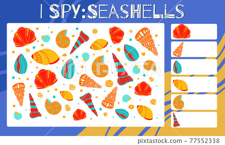 I spy game. Childrens educational fun. Count how many elements. Marine seashells with folk decorations. Vector summer template I spy game. Childrens educational fun. Count how many elements. Marine seashells with folk decorations. Vector summer template 77552338