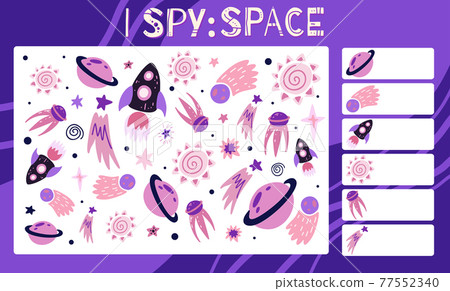 I spy game. Childrens educational fun. Count how many elements. Flat hand drawn star, shuttle, sun and planet. Vector space template I spy game. Childrens educational fun. Count how many elements. Flat hand drawn star, shuttle, sun and planet. Vector space template 77552340