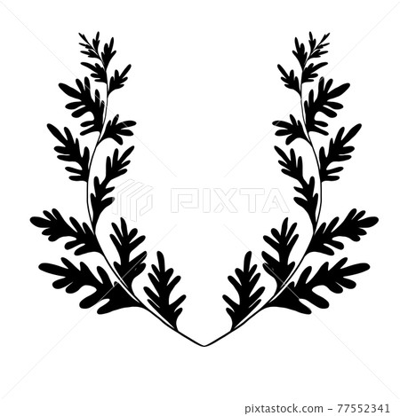 Black silhouette of wormwood herbaceous frame on a white background. Template with grass fields. Wreath with a branches of sagebrush. Vector monochrome natural card 77552341