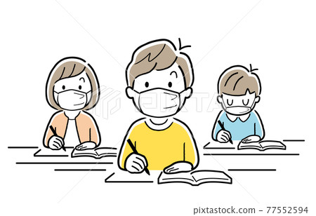 Vector illustration material: Elementary school boys wearing masks taking classes Vector illustration material: Elementary school boys wearing masks taking classes 77552594