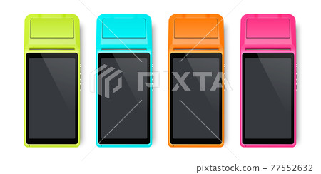 Vector Realistic Silver 3d Payment Machine. POS Terminal Set Closeup Isolated on White Background. Design Template of Bank Payment Terminal, Mockup. Processing NFC Payments Device. Top View Vector Realistic Silver 3d Payment Machine. POS Terminal Set Closeup Isolated on White Background. Design Template of Bank Payment Terminal, Mockup. Processing NFC Payments Device. Top View 77552632