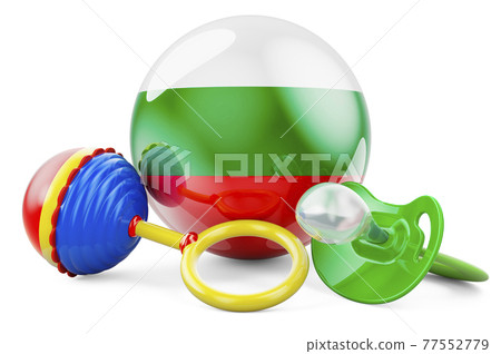 Birth rate and parenting in Bulgaria concept. Baby pacifier and baby rattle with Bulgarian flag, 3D rendering 77552779