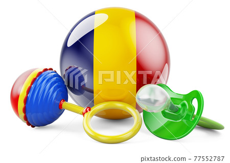 Birth rate and parenting in Romania concept. Baby pacifier and baby rattle with Romanian flag, 3D rendering 77552787