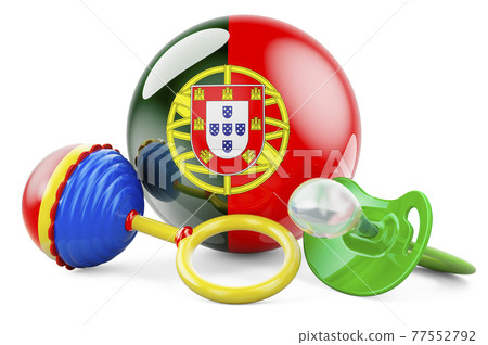 Birth rate and parenting in Portugal concept. Baby pacifier and baby rattle with Portuguese flag, 3D rendering Birth rate and parenting in Portugal concept. Baby pacifier and baby rattle with Portuguese flag, 3D rendering 77552792