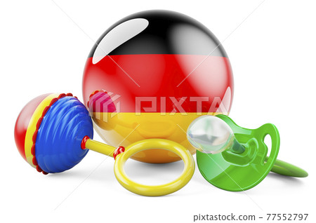 Birth rate and parenting in Germany concept. Baby pacifier and baby rattle with German flag, 3D rendering Birth rate and parenting in Germany concept. Baby pacifier and baby rattle with German flag, 3D rendering 77552797