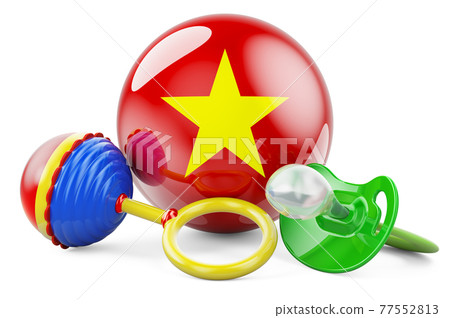 Birth rate and parenting in Vietnam concept. Baby pacifier and baby rattle with Vietnamese flag, 3D rendering Birth rate and parenting in Vietnam concept. Baby pacifier and baby rattle with Vietnamese flag, 3D rendering 77552813