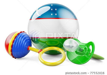 Birth rate and parenting in Uzbekistan concept. Baby pacifier and baby rattle with Uzbek flag, 3D rendering Birth rate and parenting in Uzbekistan concept. Baby pacifier and baby rattle with Uzbek flag, 3D rendering 77552816
