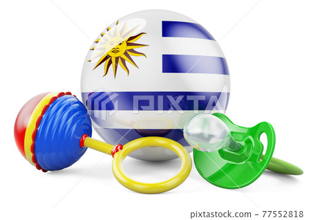 Birth rate and parenting in Uruguay concept. Baby pacifier and baby rattle with Uruguayan flag, 3D rendering Birth rate and parenting in Uruguay concept. Baby pacifier and baby rattle with Uruguayan flag, 3D rendering 77552818