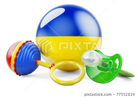 Birth rate and parenting in Ukraine concept. Baby pacifier and baby rattle with Ukrainian flag, 3D rendering Birth rate and parenting in Ukraine concept. Baby pacifier and baby rattle with Ukrainian flag, 3D rendering 77552819