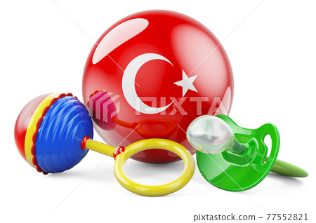Birth rate and parenting in Turkey concept. Baby pacifier and baby rattle with Turkish flag, 3D rendering Birth rate and parenting in Turkey concept. Baby pacifier and baby rattle with Turkish flag, 3D rendering 77552821
