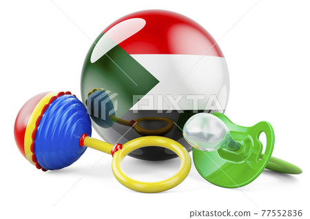 Birth rate and parenting in Sudan concept. Baby pacifier and baby rattle with Sudanese flag, 3D rendering Birth rate and parenting in Sudan concept. Baby pacifier and baby rattle with Sudanese flag, 3D rendering 77552836