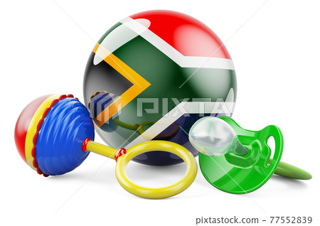 Birth rate and parenting in South Africa concept. Baby pacifier and baby rattle with South African flag, 3D rendering Birth rate and parenting in South Africa concept. Baby pacifier and baby rattle with South African flag, 3D rendering 77552839