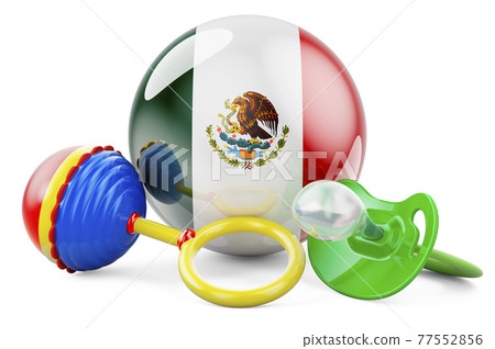 Birth rate and parenting in Mexico concept. Baby pacifier and baby rattle with Mexican flag, 3D rendering Birth rate and parenting in Mexico concept. Baby pacifier and baby rattle with Mexican flag, 3D rendering 77552856